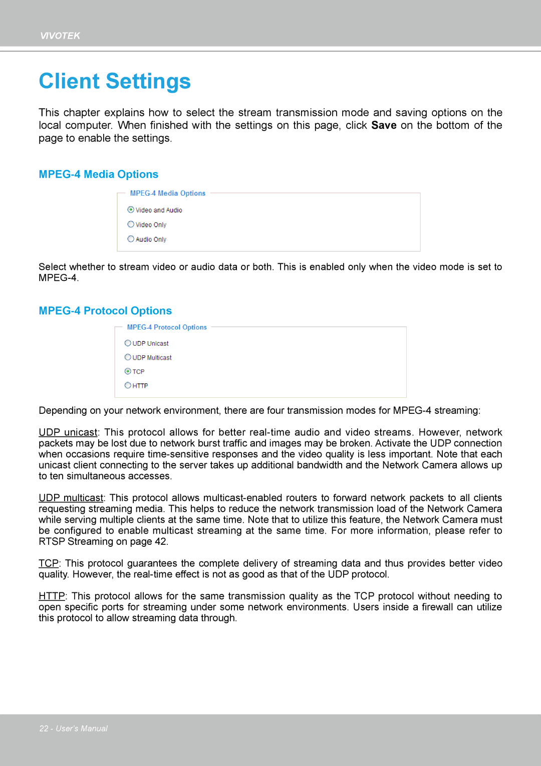 Vivotek PZ7132 manual Client Settings 