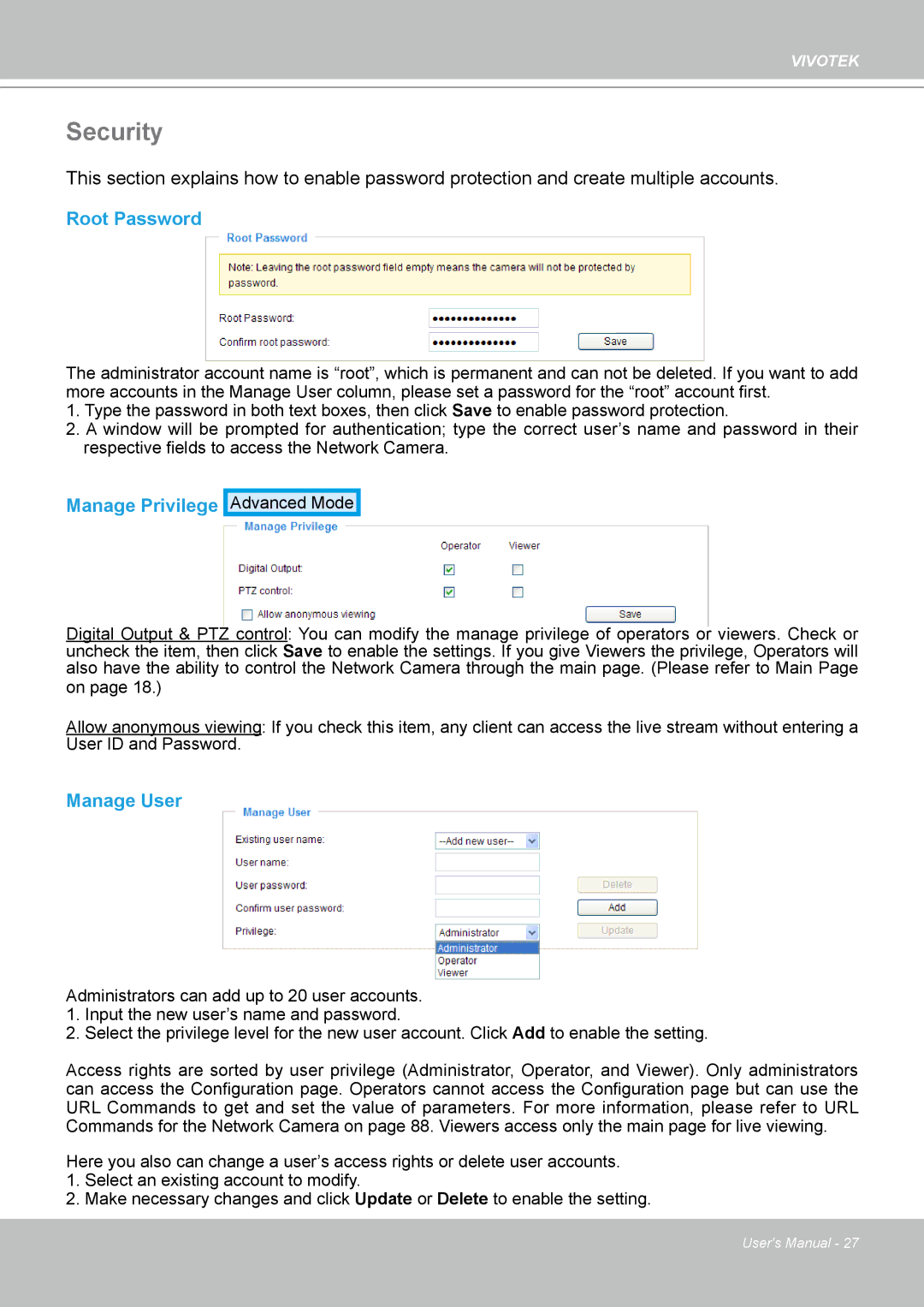 Vivotek PZ7132 manual Security, Root Password, Manage Privilege, Manage User 