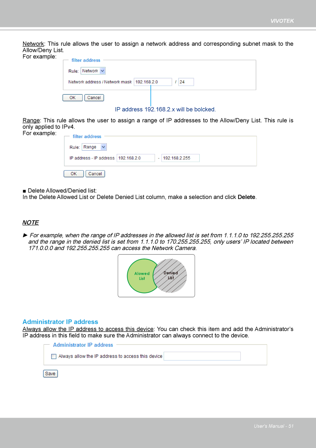 Vivotek PZ7132 manual Administrator IP address, IP address 192.168.2.x will be bolcked 