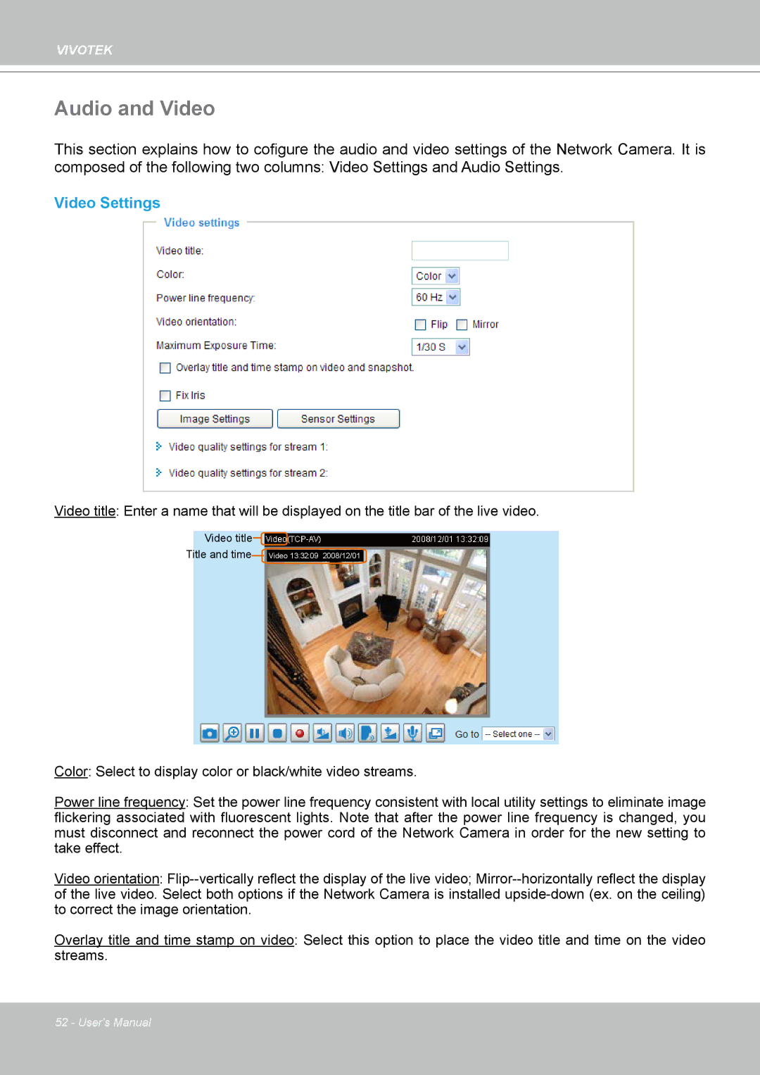 Vivotek PZ7132 manual Audio and Video, Video Settings 