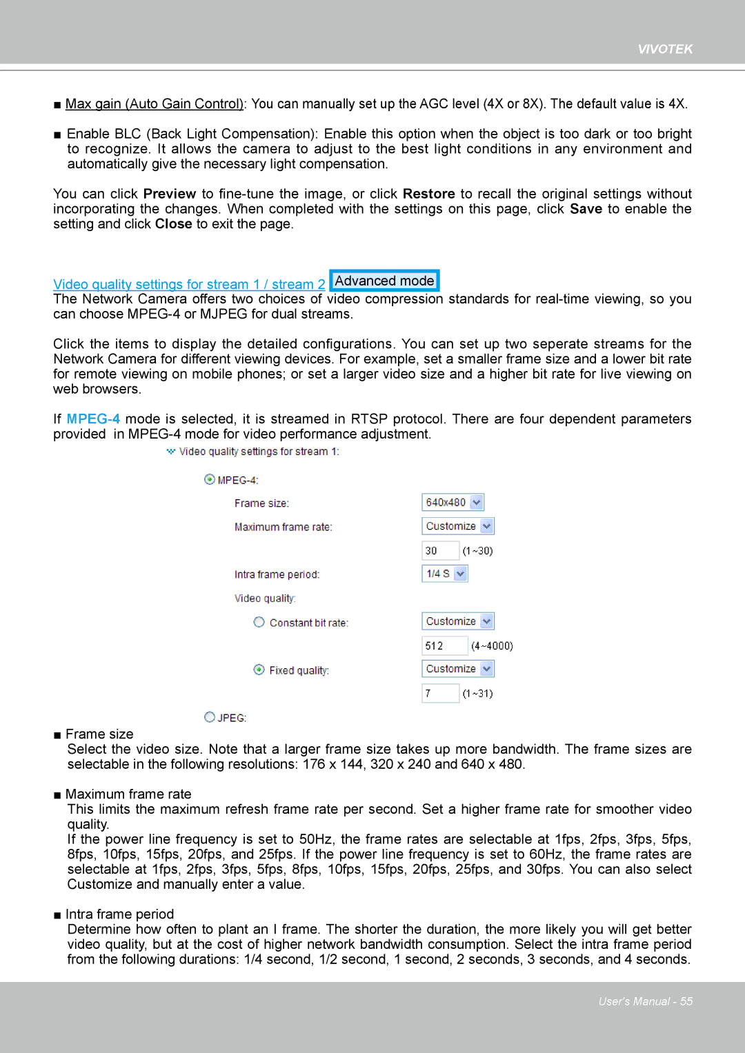 Vivotek PZ7132 manual Video quality settings for stream 1 / stream 2 Advanced mode 