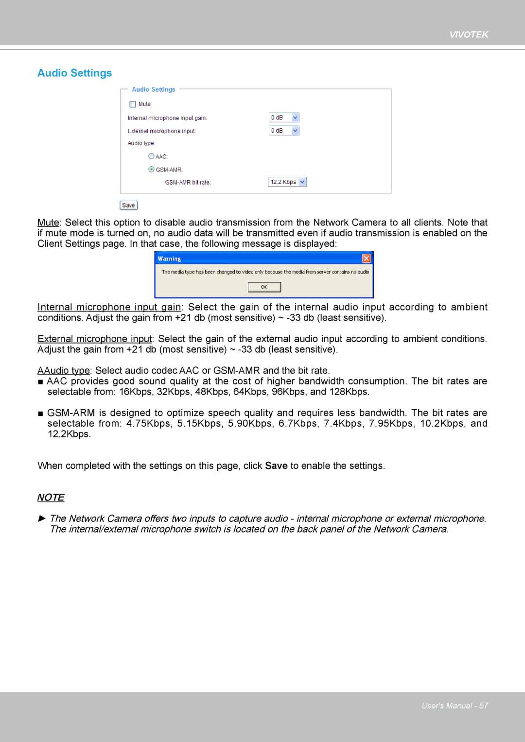 Vivotek PZ7132 manual Audio Settings 