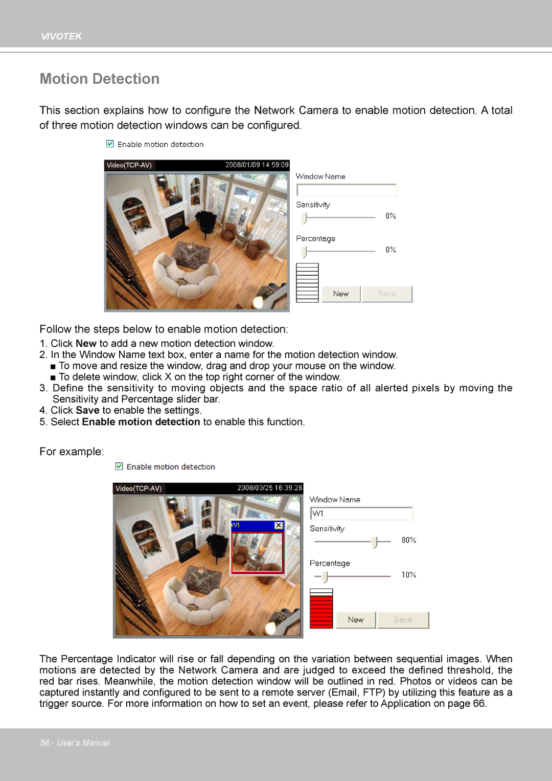 Vivotek PZ7132 manual Motion Detection, Follow the steps below to enable motion detection 