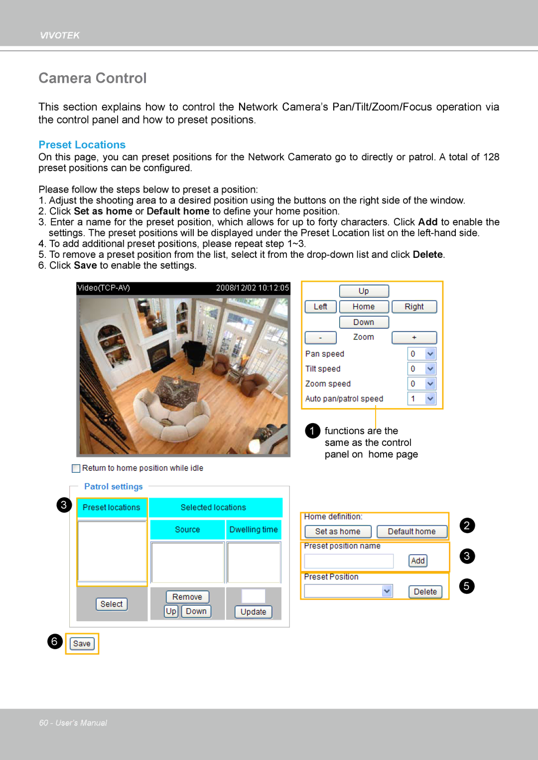 Vivotek PZ7132 manual Camera Control, Preset Locations 