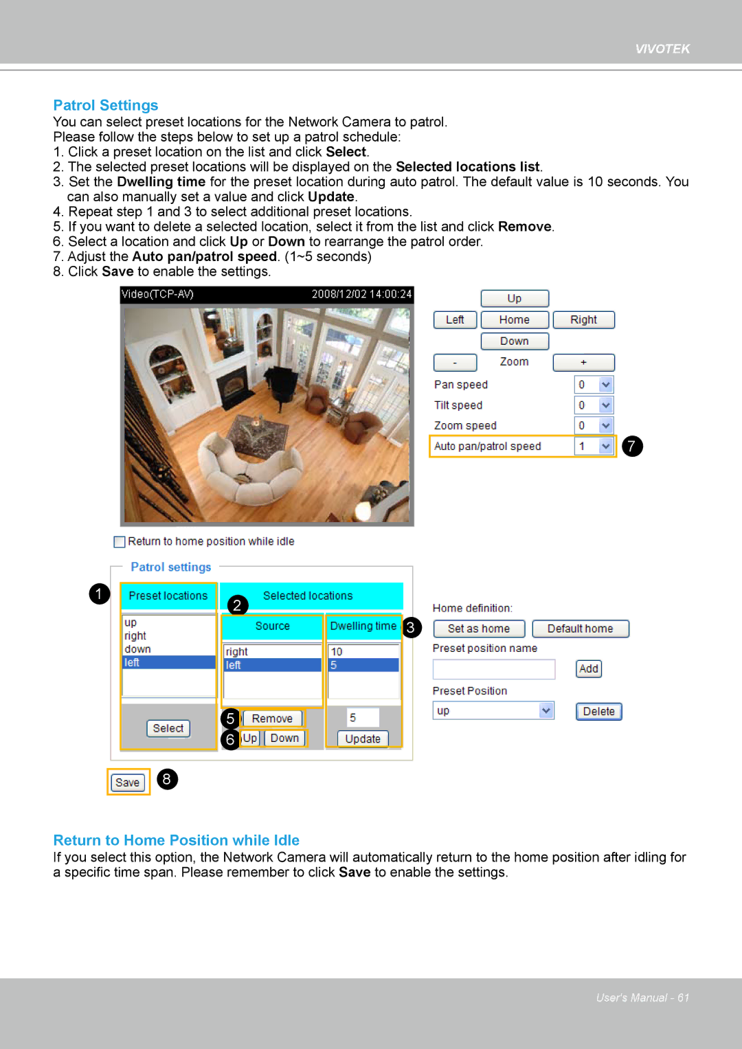 Vivotek PZ7132 manual Patrol Settings, Return to Home Position while Idle 