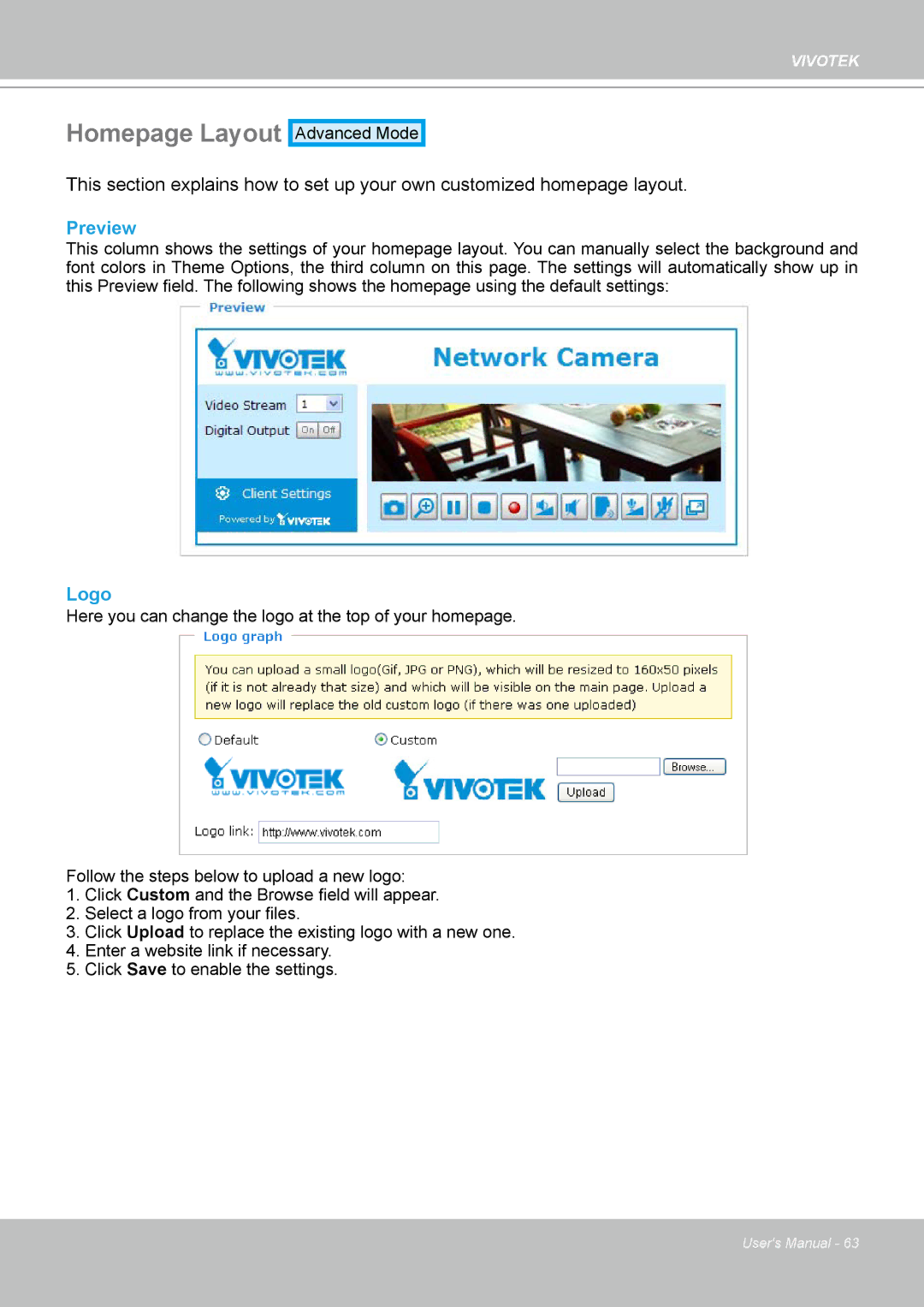 Vivotek PZ7132 manual Homepage Layout, Preview, Logo 