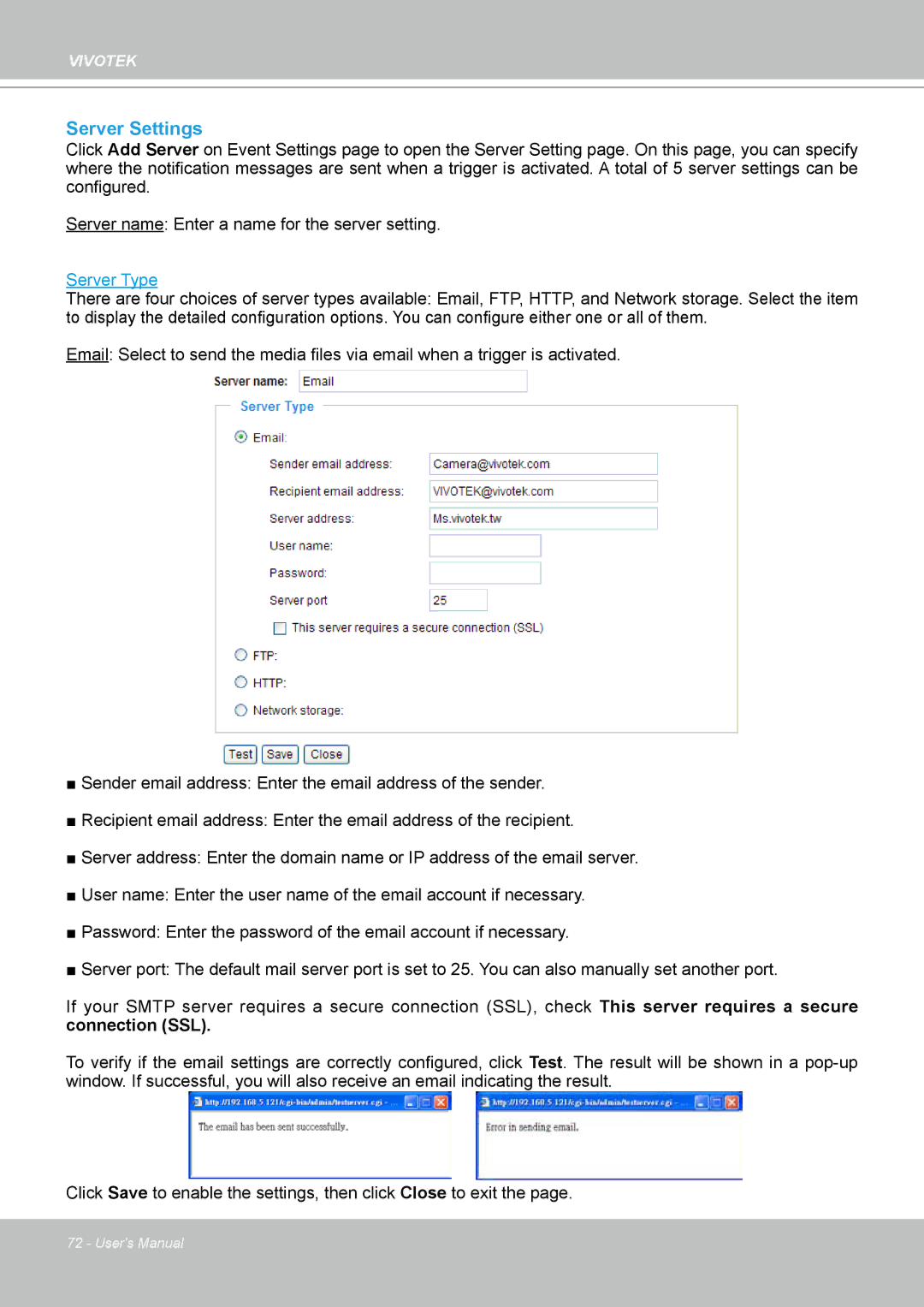 Vivotek PZ7132 manual Server Settings, Server Type 