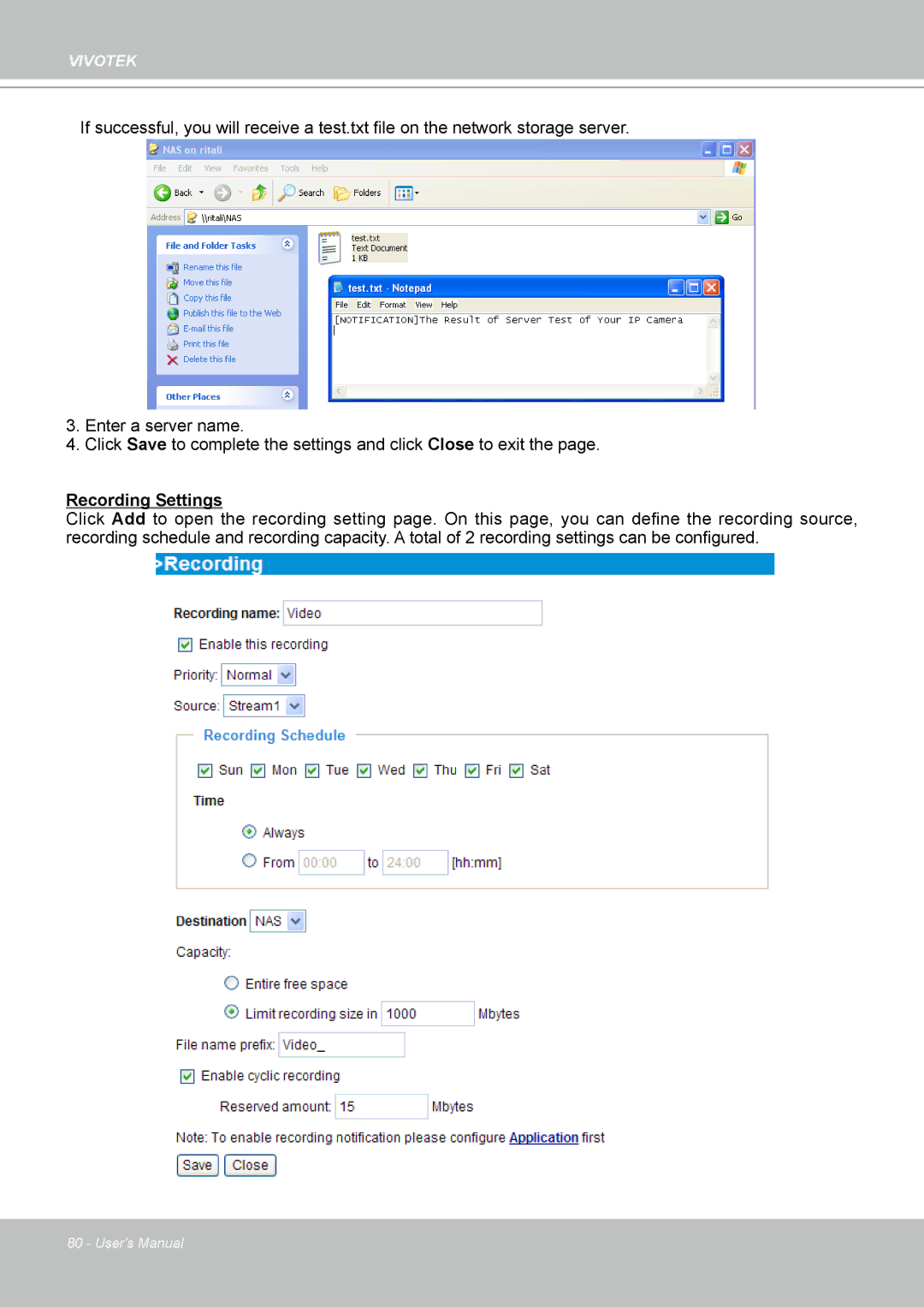 Vivotek PZ7132 manual Recording Settings 