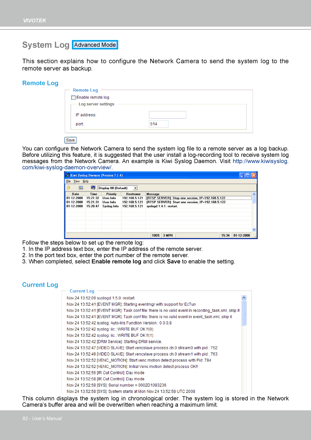 Vivotek PZ7132 manual System Log, Remote Log, Current Log 