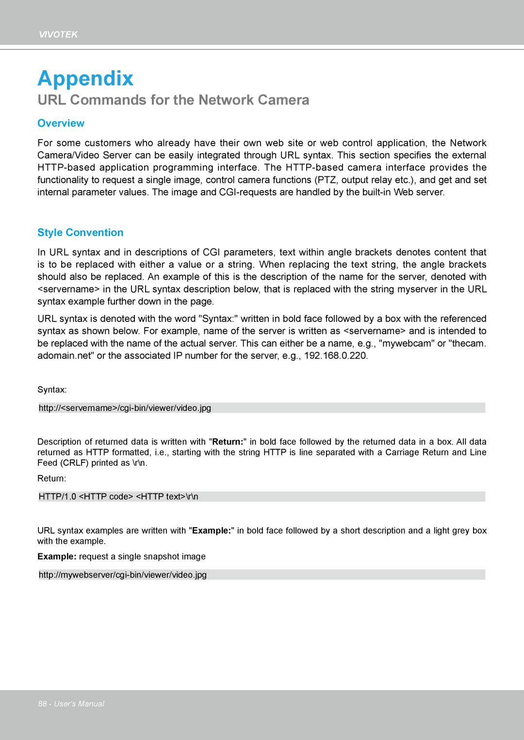 Vivotek PZ7132 manual Appendix, URL Commands for the Network Camera 