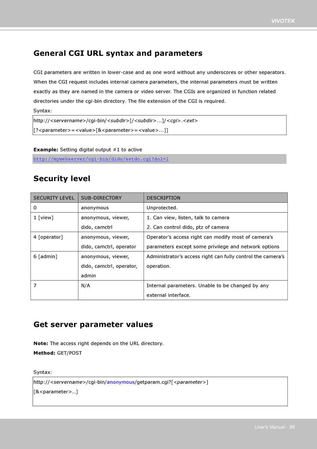 Vivotek PZ7132 manual General CGI URL syntax and parameters, Security level, Get server parameter values 