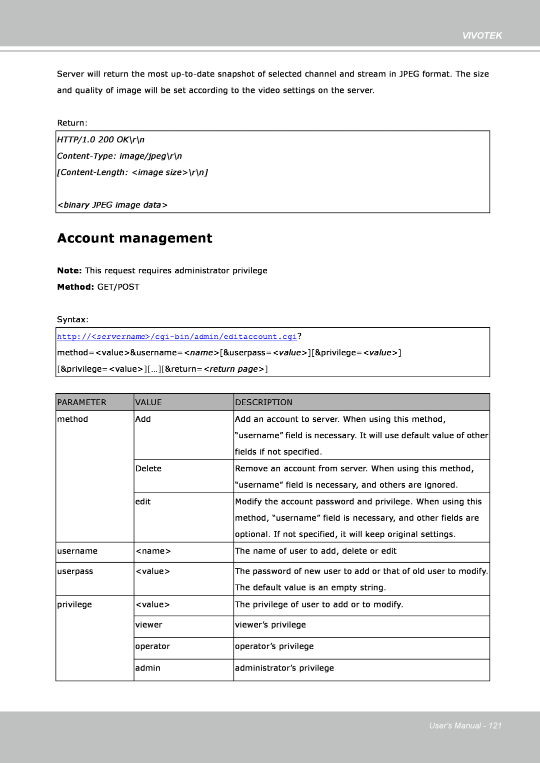 Vivotek PZ7132 manual Account management, Vivotek, binary JPEG image data, Method GET/POST, Users Manual 