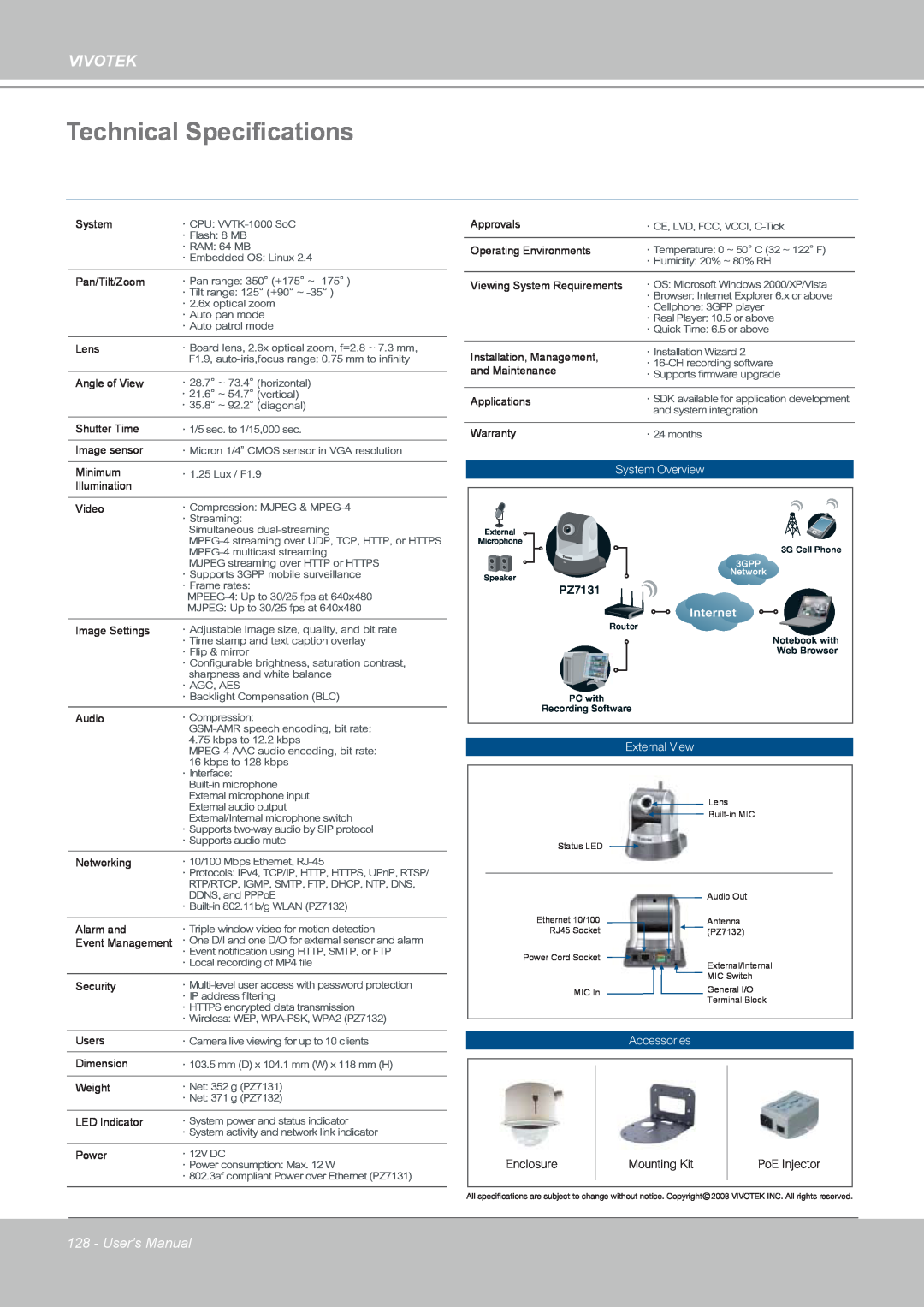 Vivotek PZ7132 manual Technical Specifications, Vivotek, Users Manual, System Overview, PZ7131, External View, Accessories 