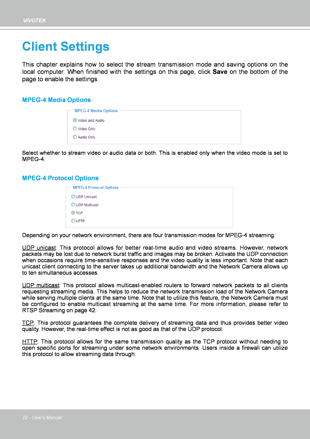 Vivotek PZ7132 manual Client Settings, MPEG-4 Media Options, MPEG-4 Protocol Options 