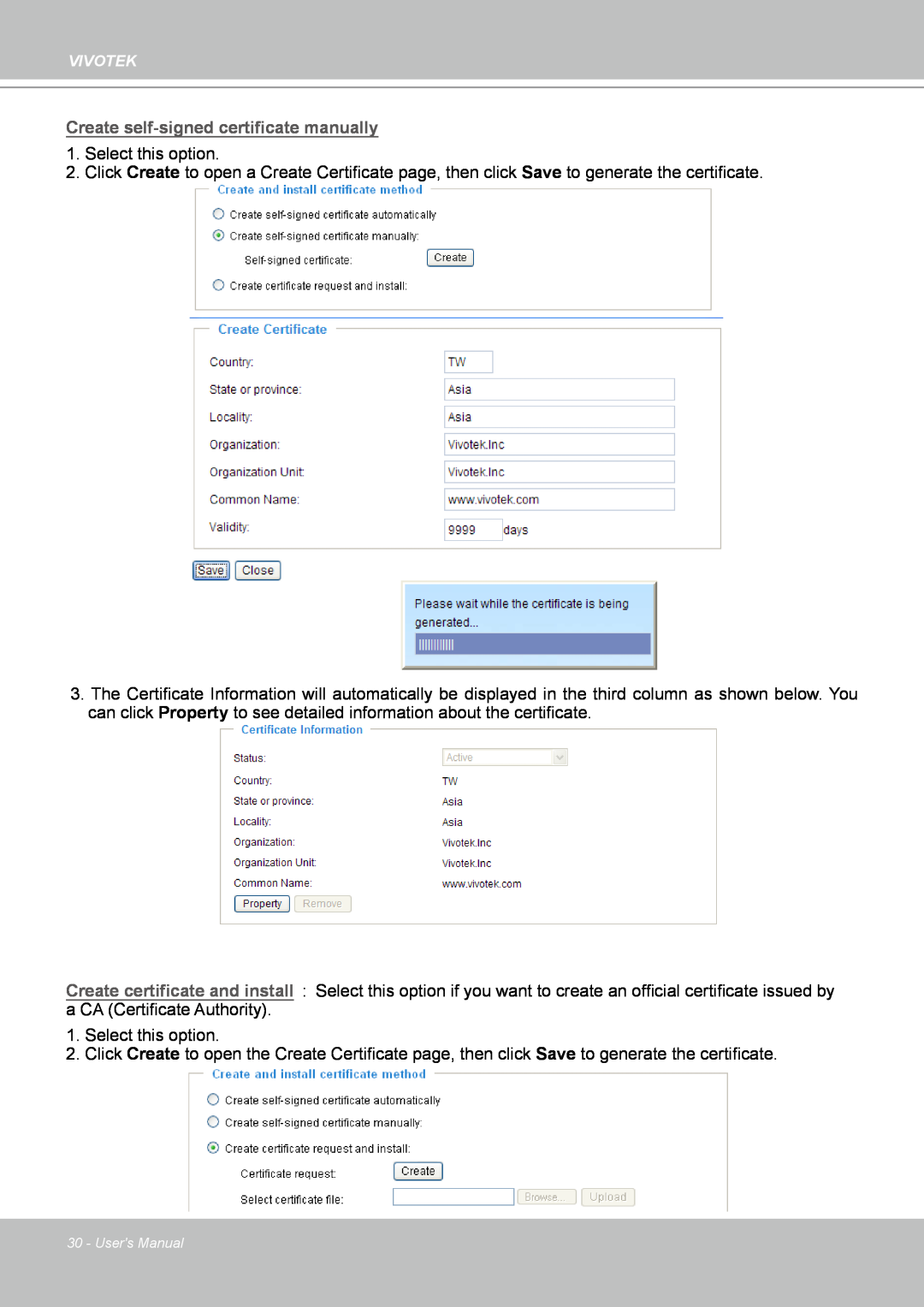 Vivotek PZ7132 Create self-signed certificate manually, Users Manual 
