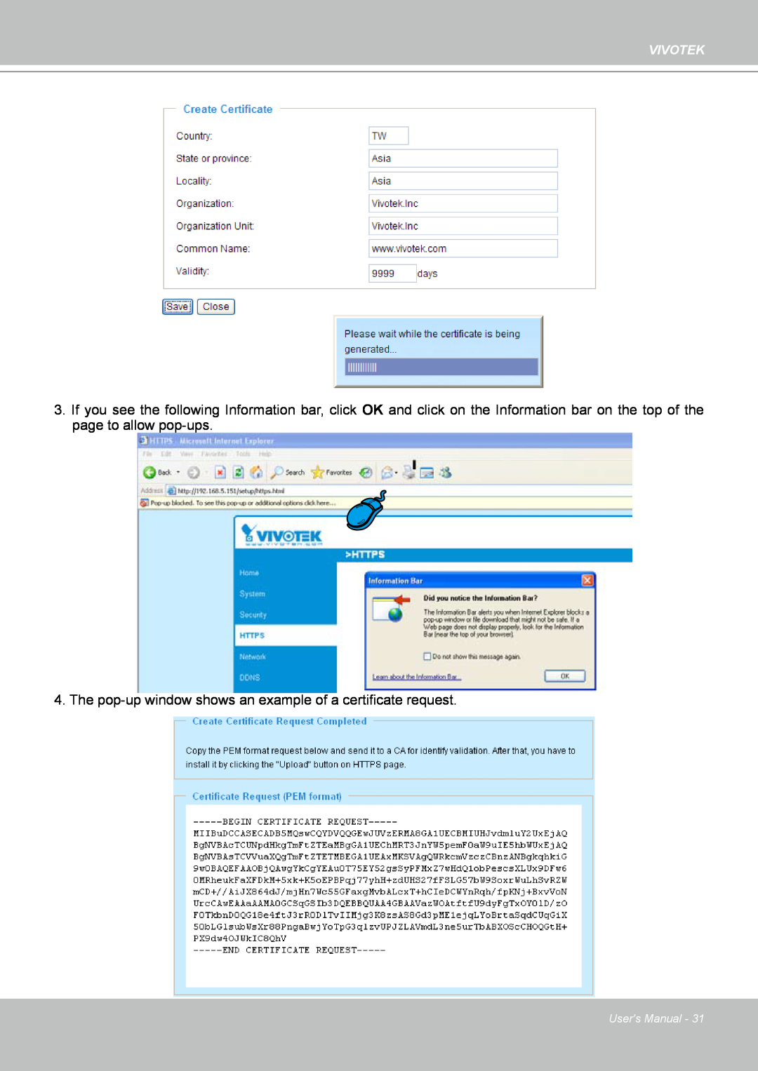 Vivotek PZ7132 manual The pop-up window shows an example of a certificate request, Vivotek, Users Manual 