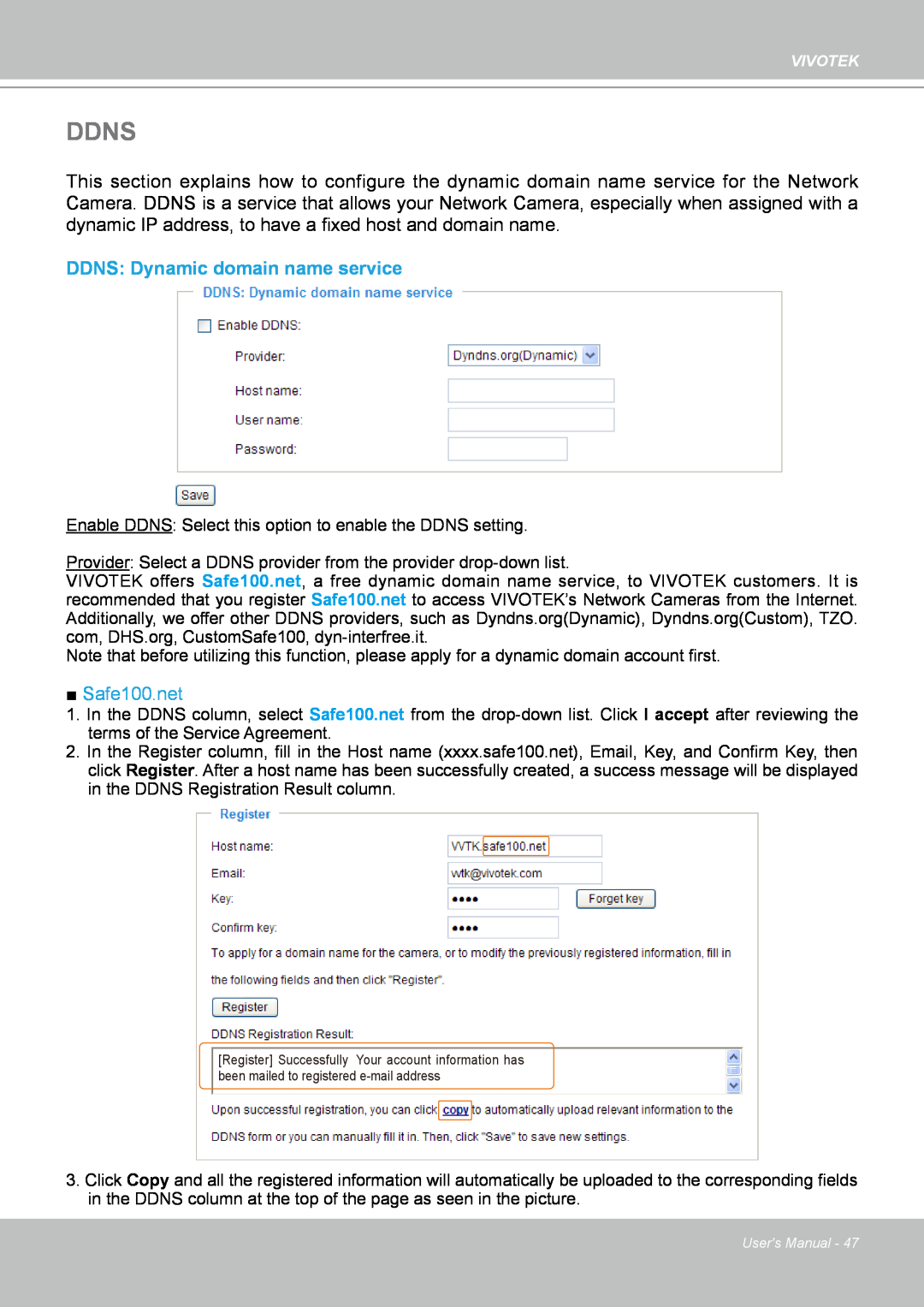Vivotek PZ7132 manual Ddns, DDNS Dynamic domain name service, Safe100.net 