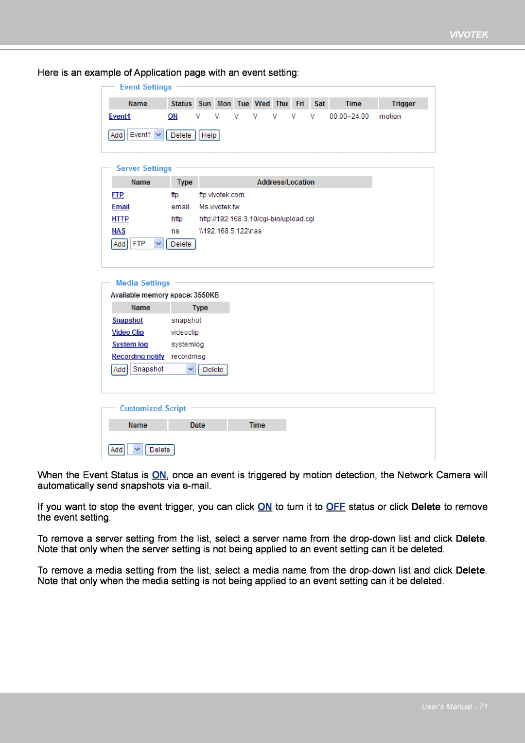 Vivotek PZ7132 manual Here is an example of Application page with an event setting 