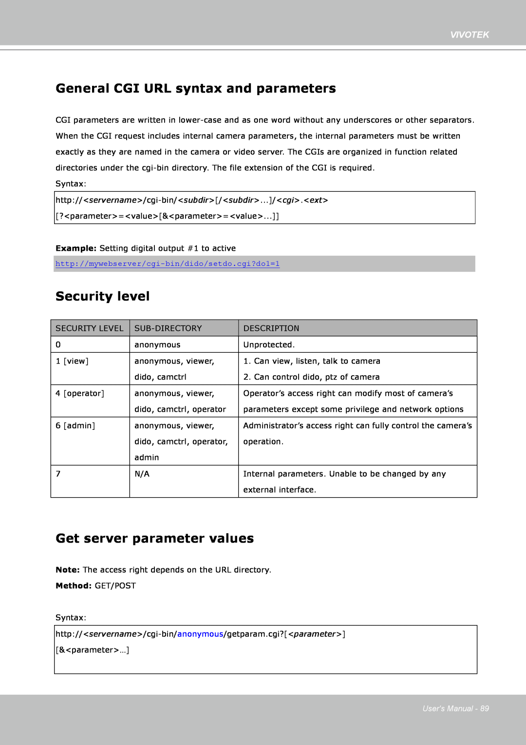Vivotek PZ7132 General CGI URL syntax and parameters, Security level, Get server parameter values, Vivotek, Users Manual 