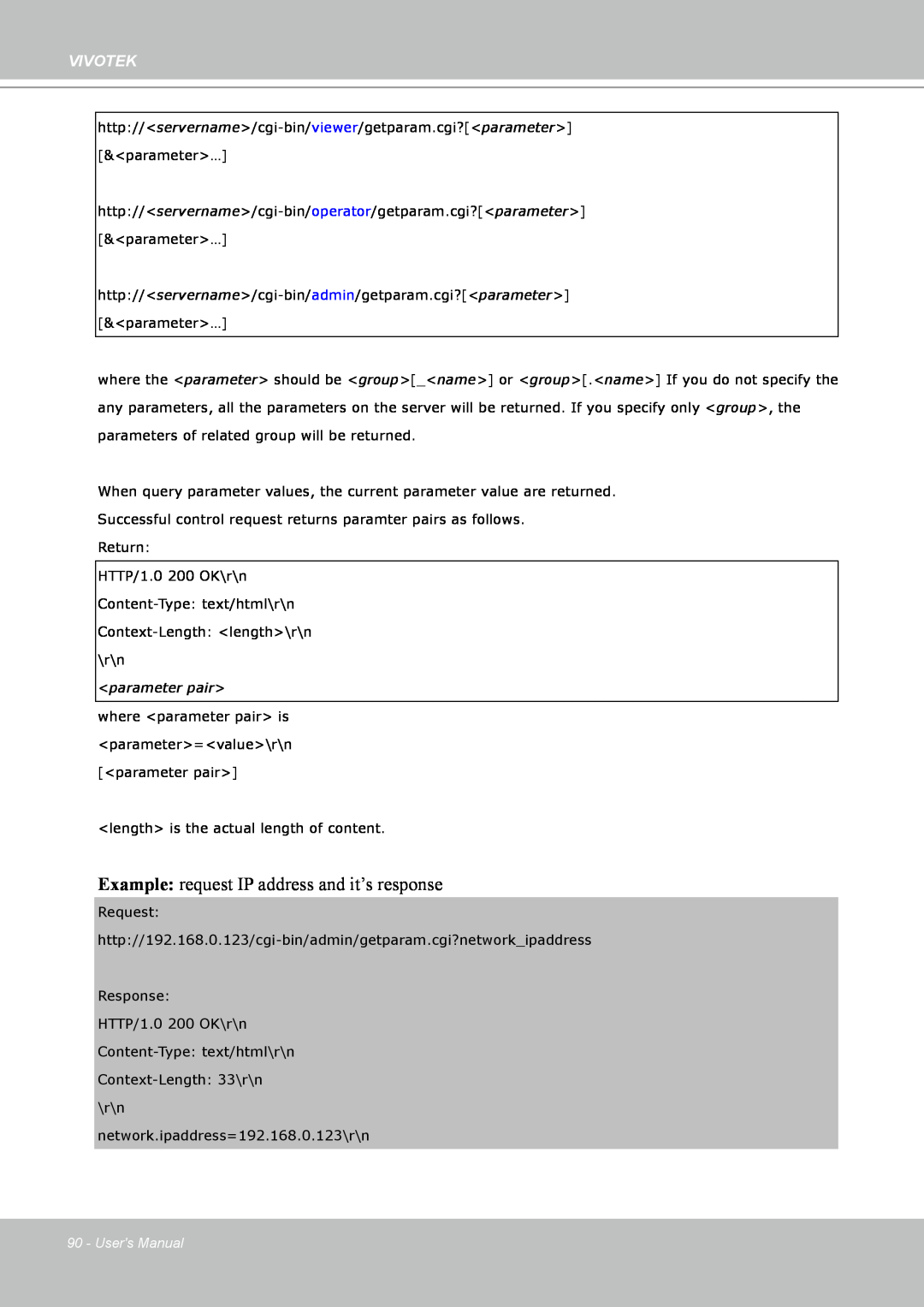 Vivotek PZ7132 manual Example request IP address and it’s response, Vivotek, parameter pair, Users Manual 
