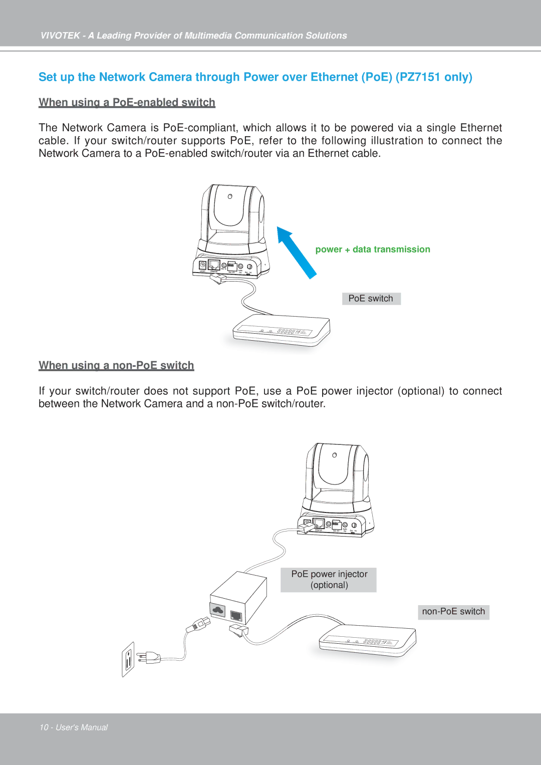 Vivotek PZ7152, PZ7151 manual When using a PoE-enabled switch 