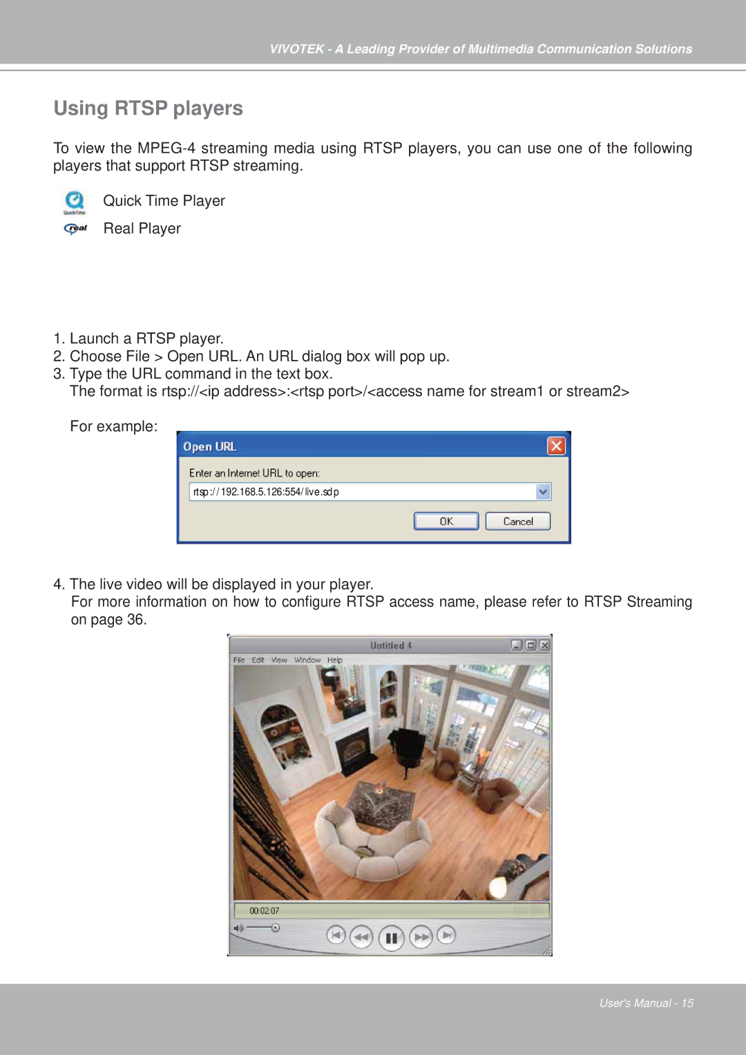 Vivotek PZ7151, PZ7152 manual Using Rtsp players 