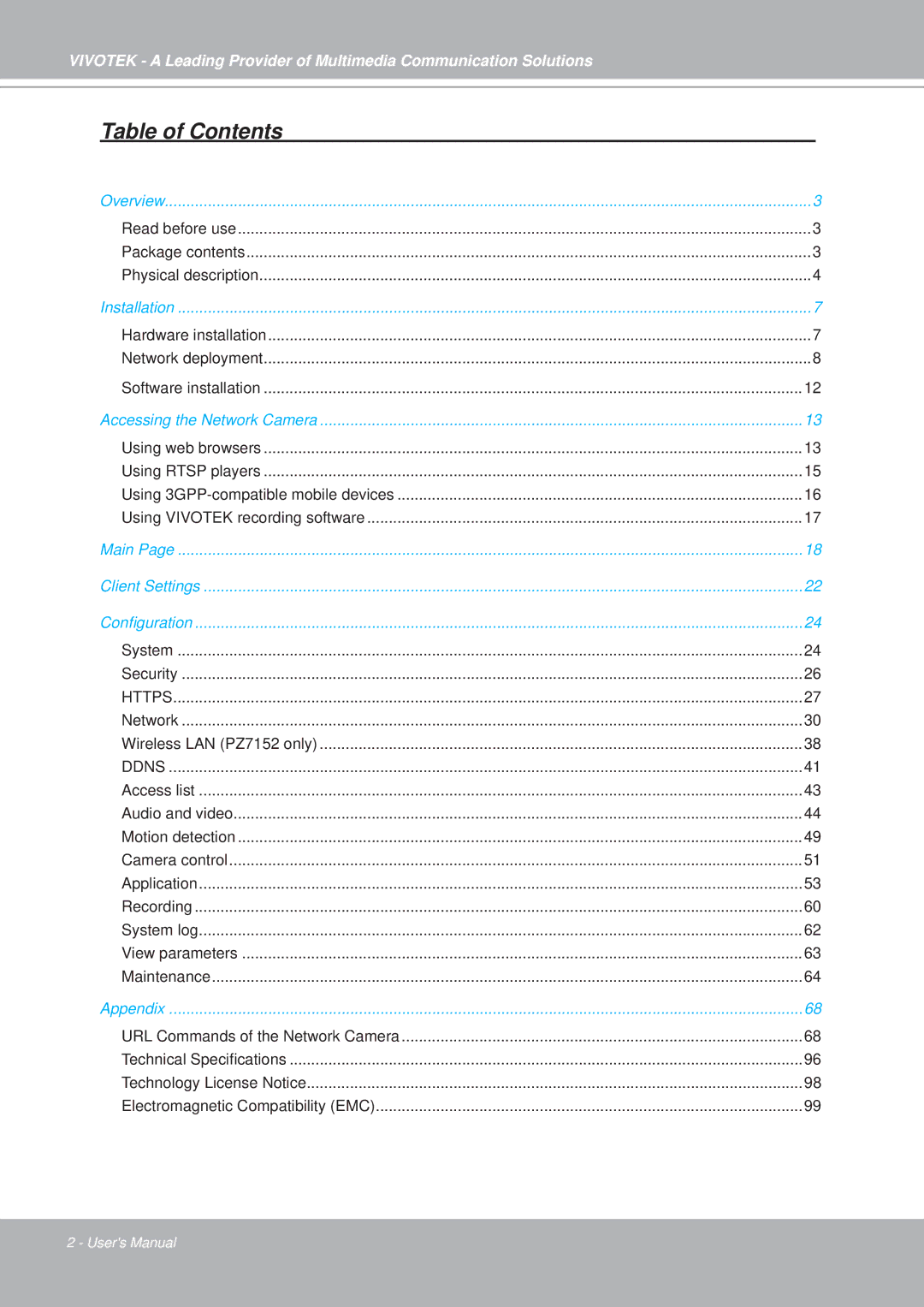 Vivotek PZ7152, PZ7151 manual Table of Contents 