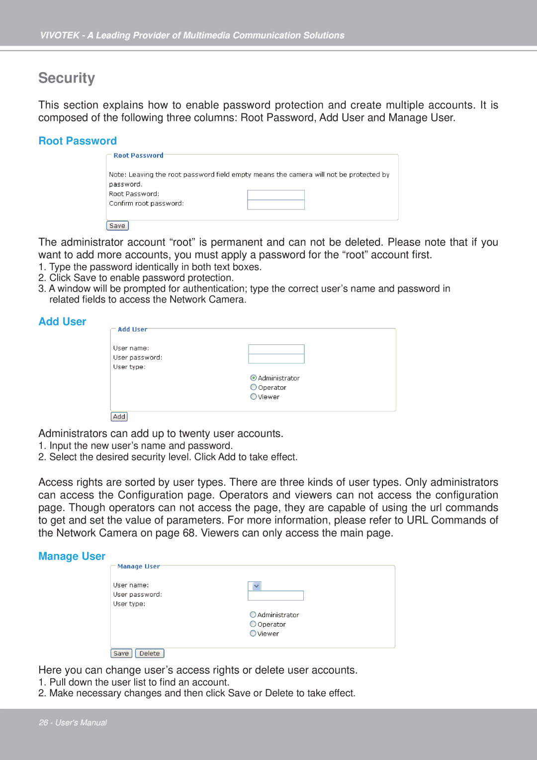 Vivotek PZ7152, PZ7151 manual Security, Root Password, Add User, Manage User 