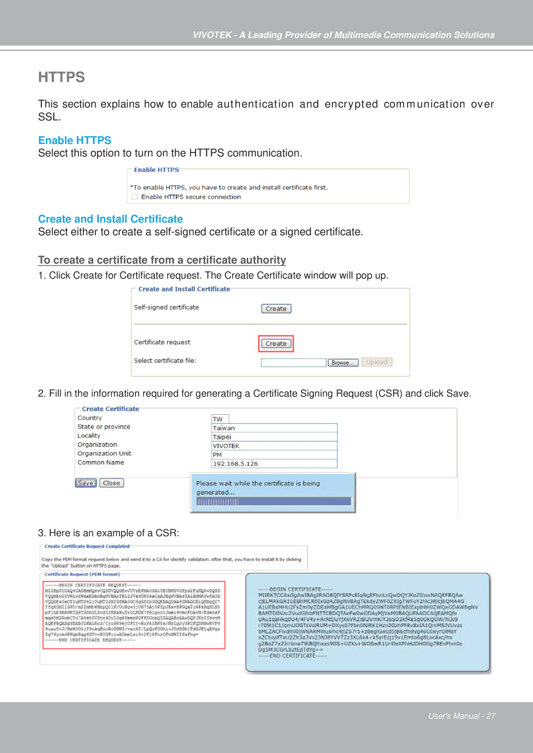 Vivotek PZ7151, PZ7152 manual Enable Https, Create and Install Certiﬁcate 