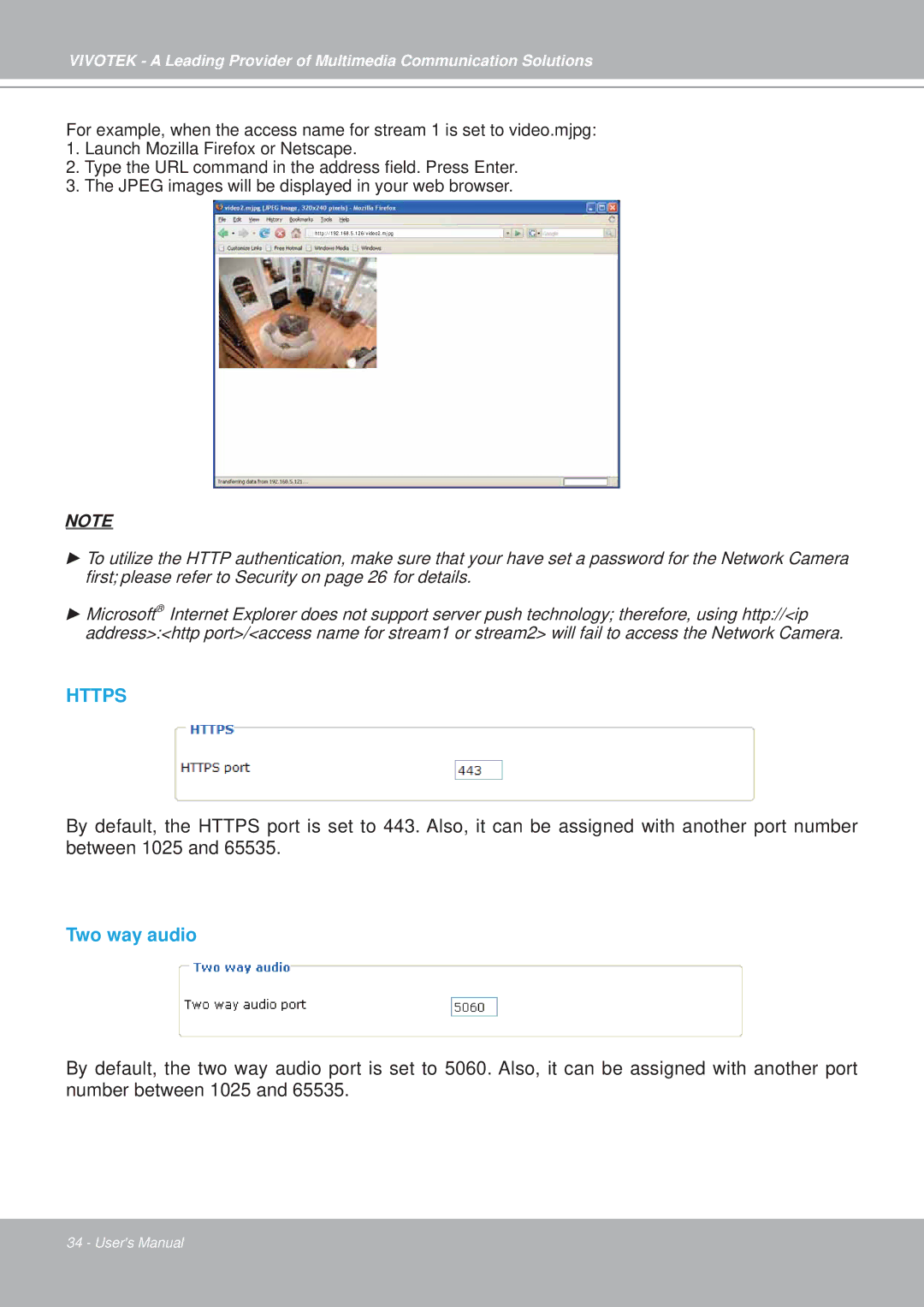 Vivotek PZ7152, PZ7151 manual Https, Two way audio 