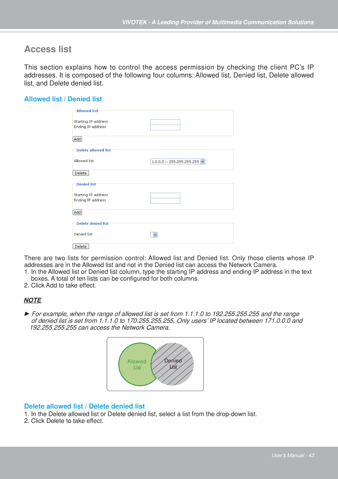 Vivotek PZ7151, PZ7152 manual Access list, Allowed list / Denied list, Delete allowed list / Delete denied list 