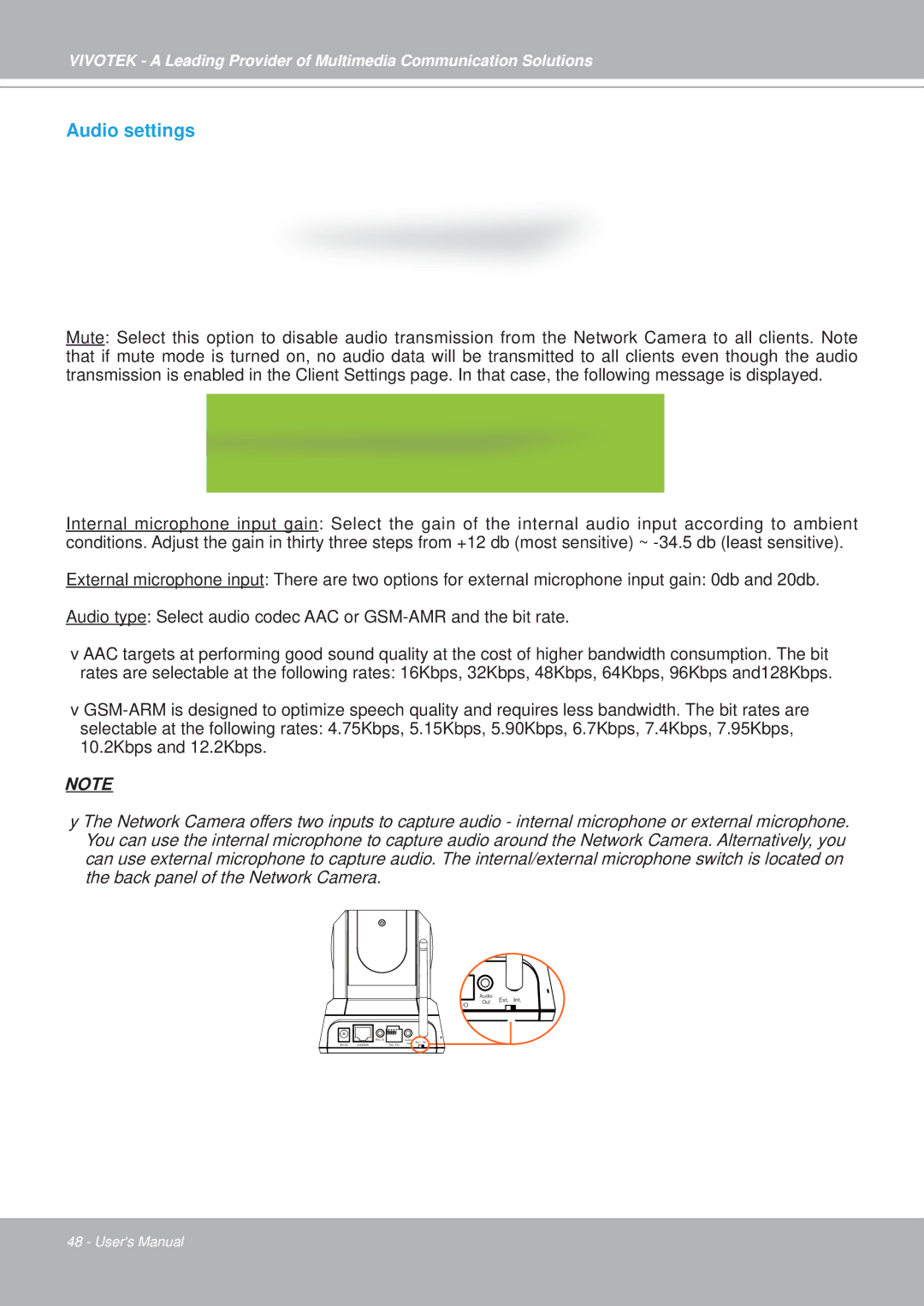 Vivotek PZ7152, PZ7151 manual Audio settings 