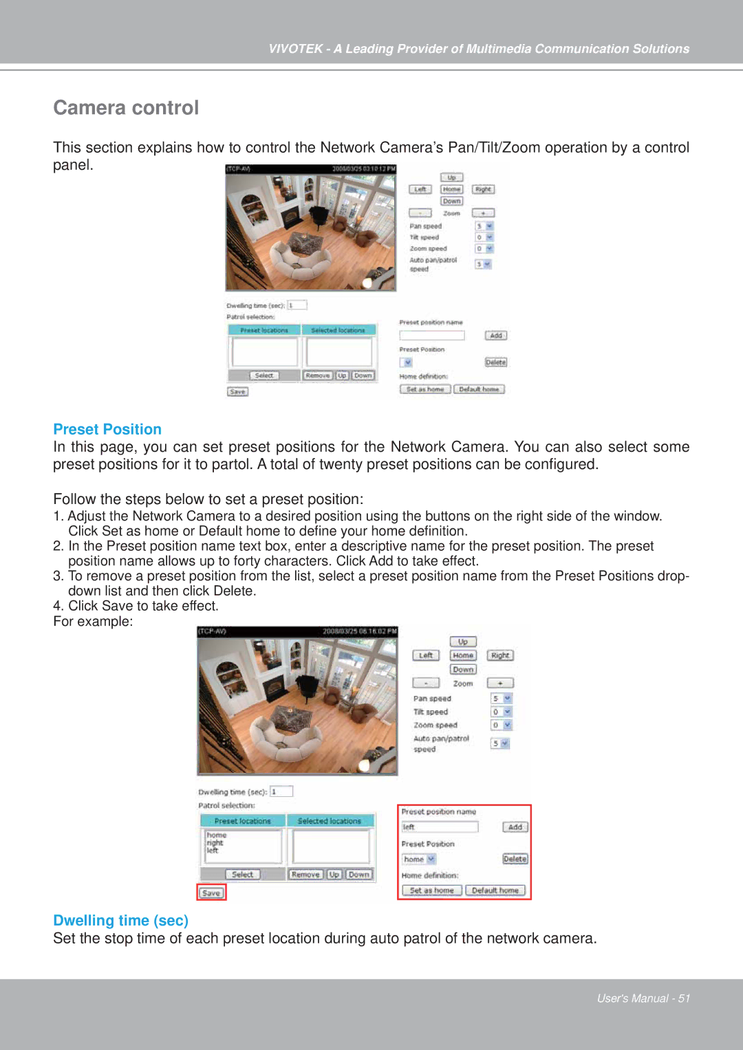 Vivotek PZ7151, PZ7152 manual Camera control, Preset Position, Dwelling time sec 