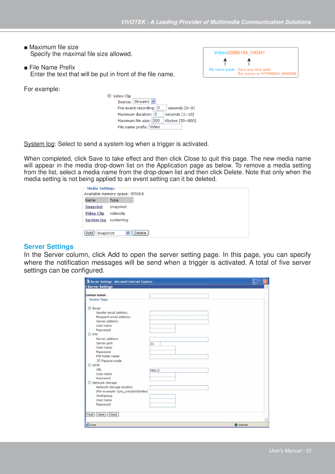 Vivotek PZ7151, PZ7152 manual Server Settings 