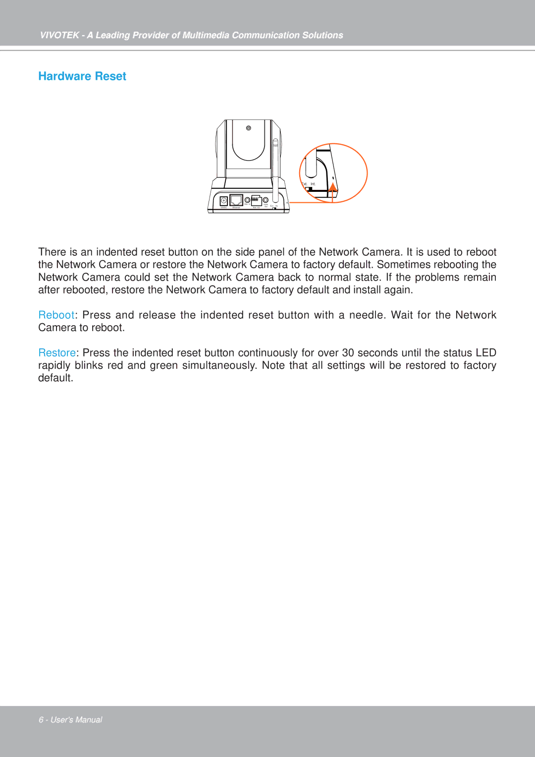 Vivotek PZ7152, PZ7151 manual Hardware Reset 