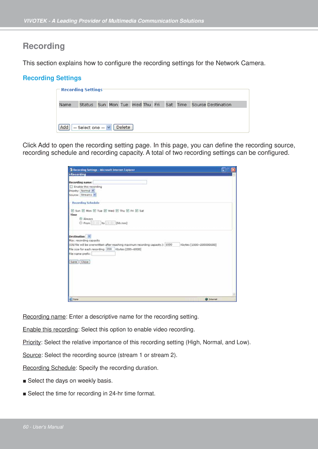 Vivotek PZ7152, PZ7151 manual Recording Settings 