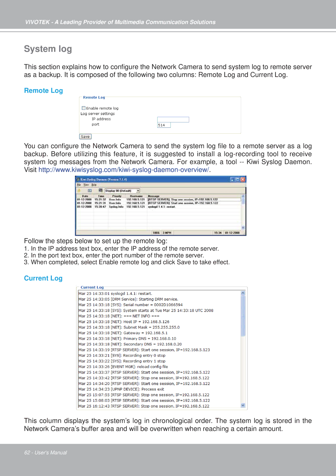 Vivotek PZ7152, PZ7151 manual System log, Remote Log, Current Log 