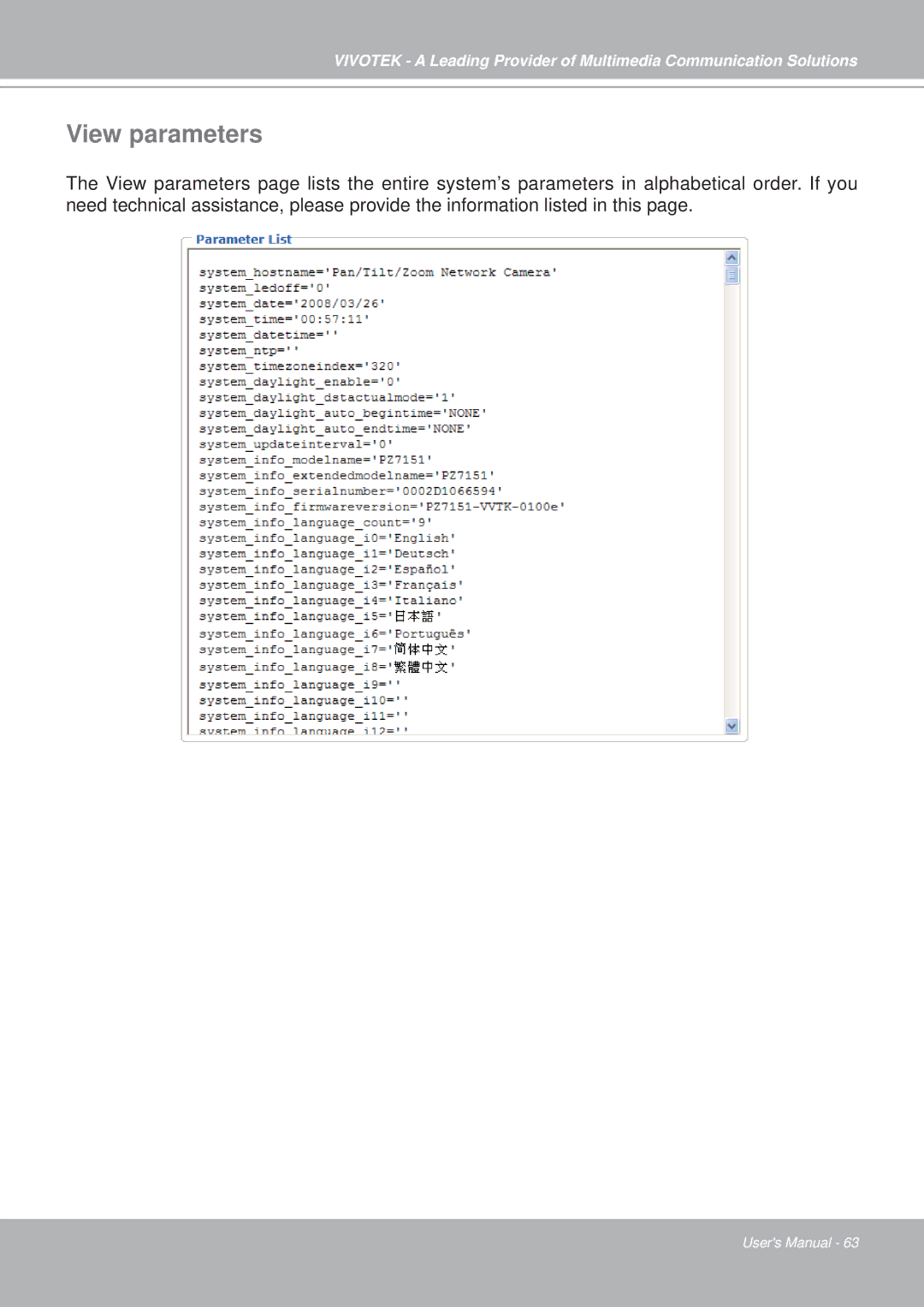 Vivotek PZ7151, PZ7152 manual View parameters 