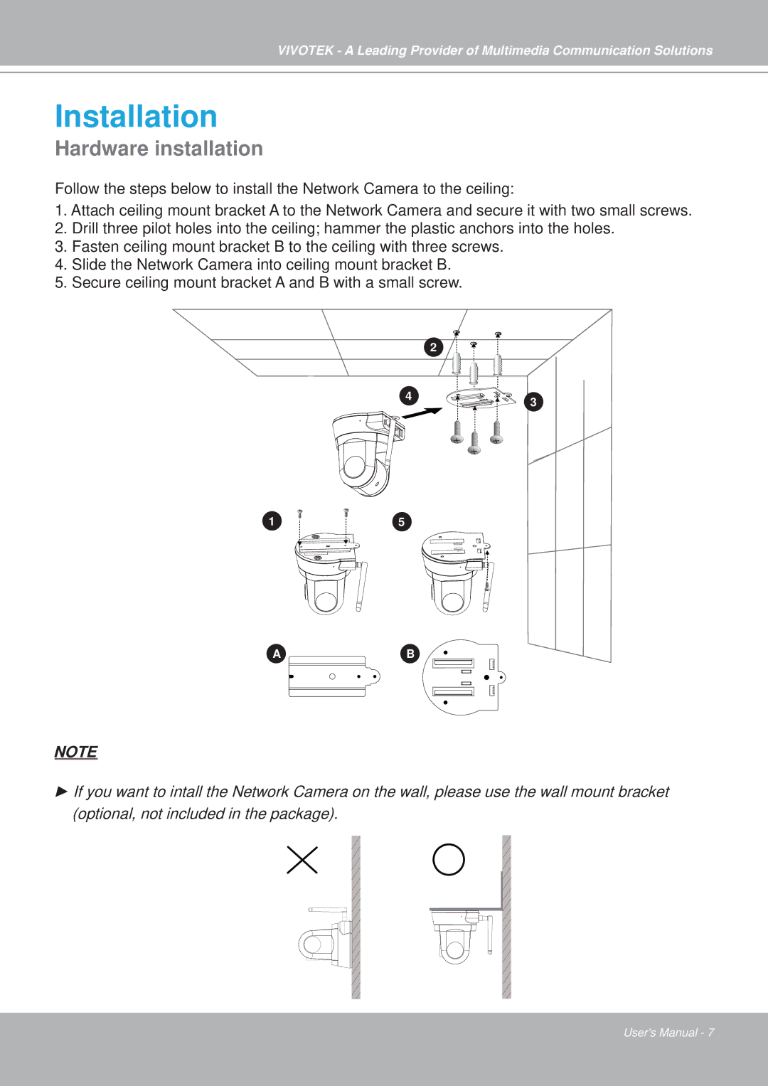 Vivotek PZ7151, PZ7152 manual Installation, Hardware installation 