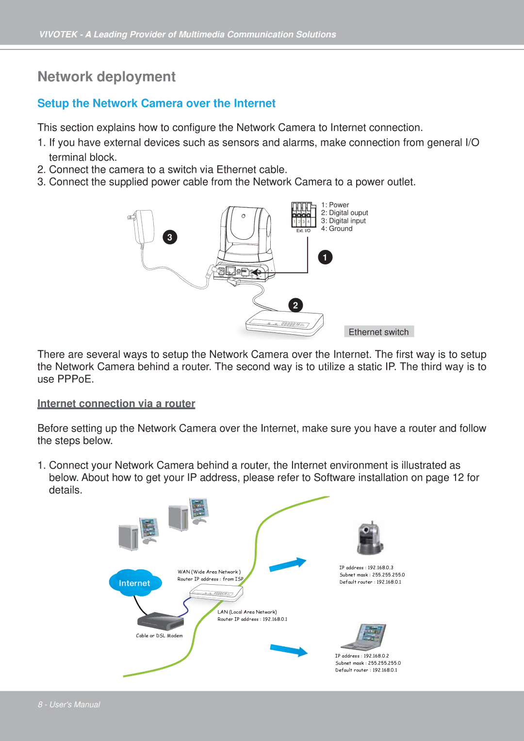 Vivotek PZ7152, PZ7151 manual Network deployment, Setup the Network Camera over the Internet 