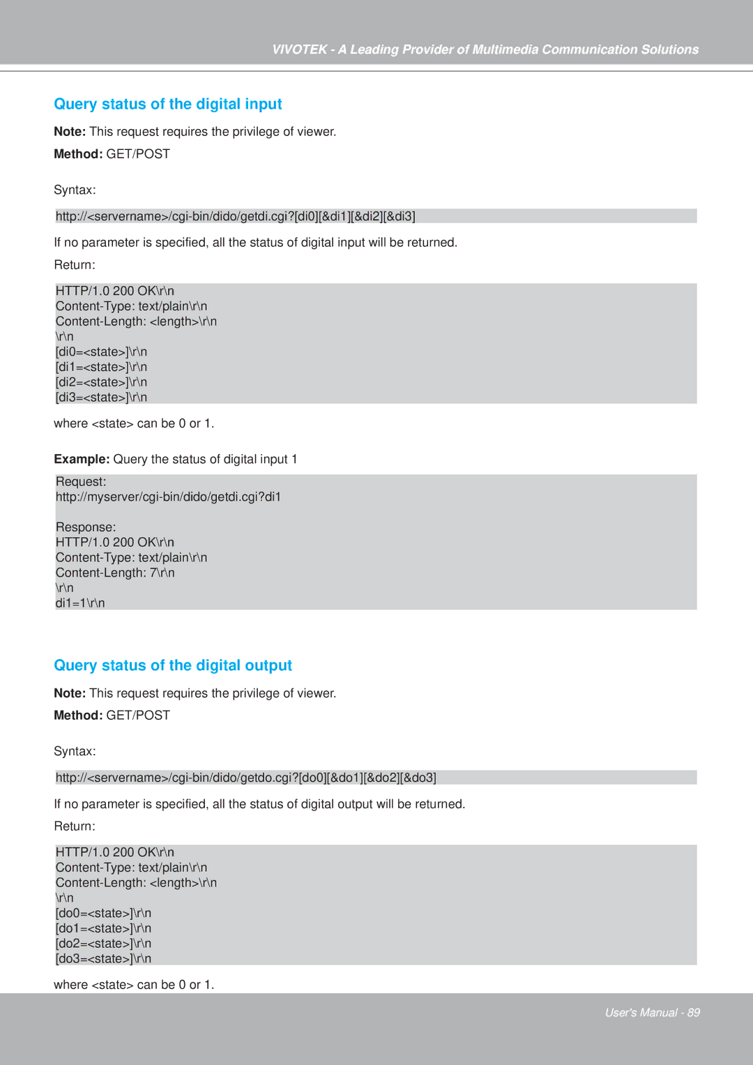 Vivotek PZ7151, PZ7152 manual Query status of the digital input, Query status of the digital output 