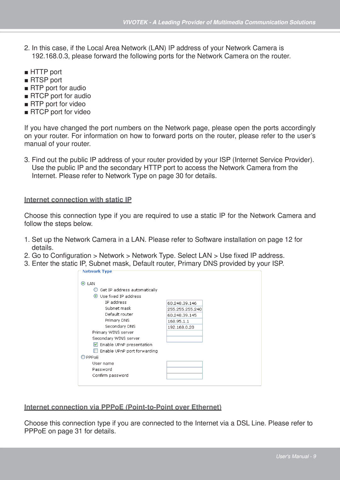 Vivotek PZ7151, PZ7152 manual Internet connection with static IP 