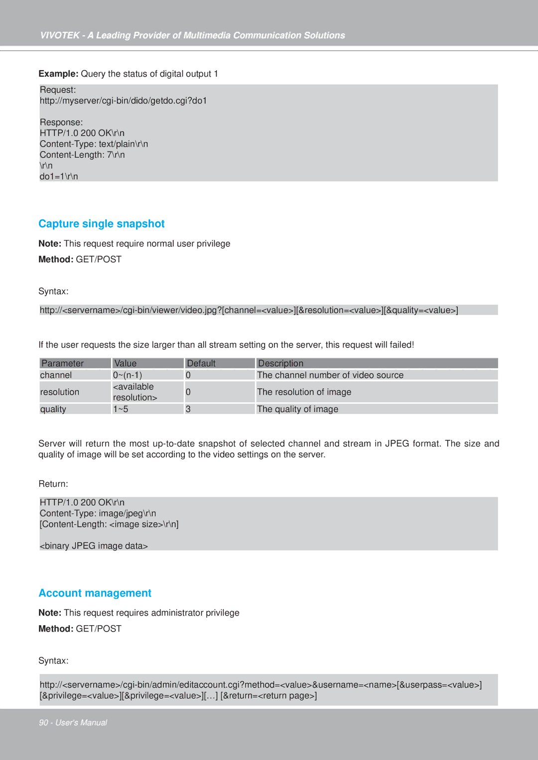 Vivotek PZ7152, PZ7151 manual Capture single snapshot, Account management 