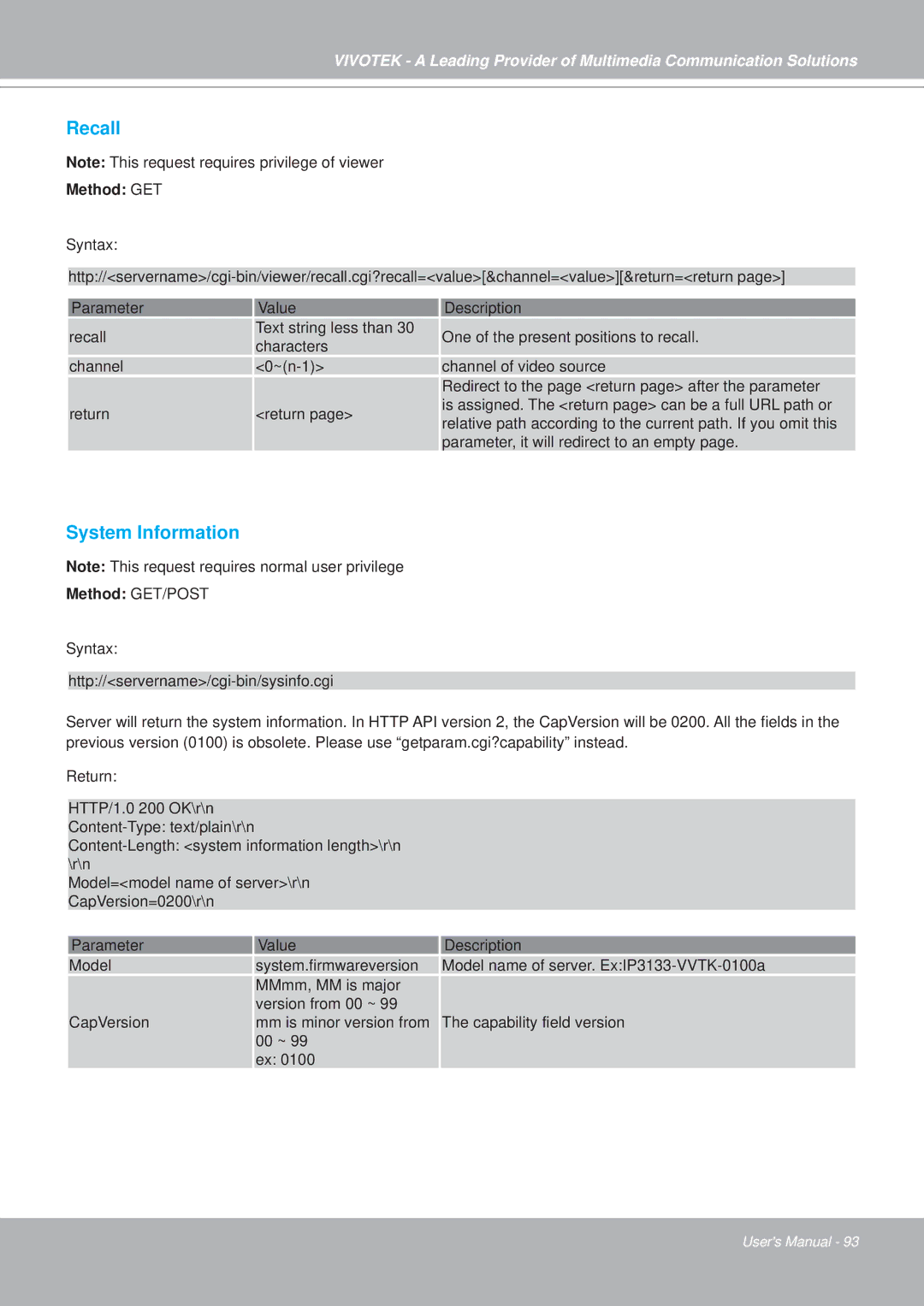 Vivotek PZ7151, PZ7152 manual Recall, System Information, Method GET 