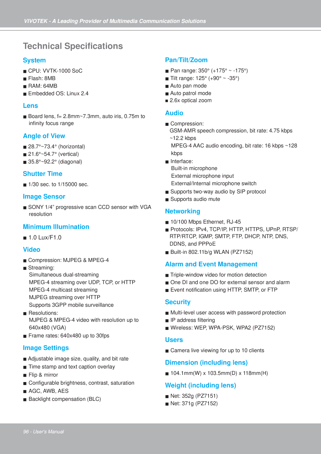 Vivotek PZ7152, PZ7151 manual Technical Speciﬁcations 