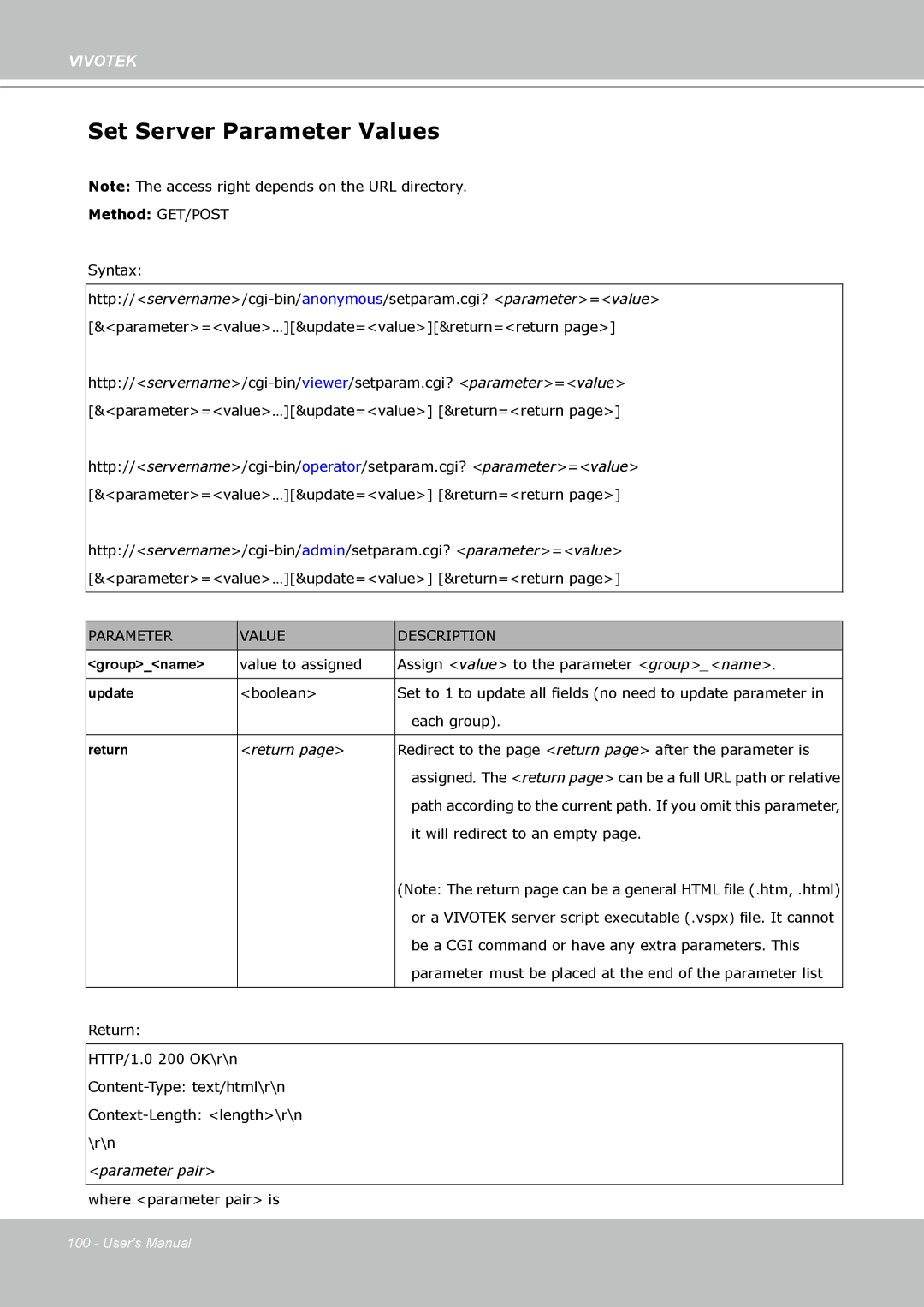 Vivotek PZ8111 manual Set Server Parameter Values, Parameter Value Description 