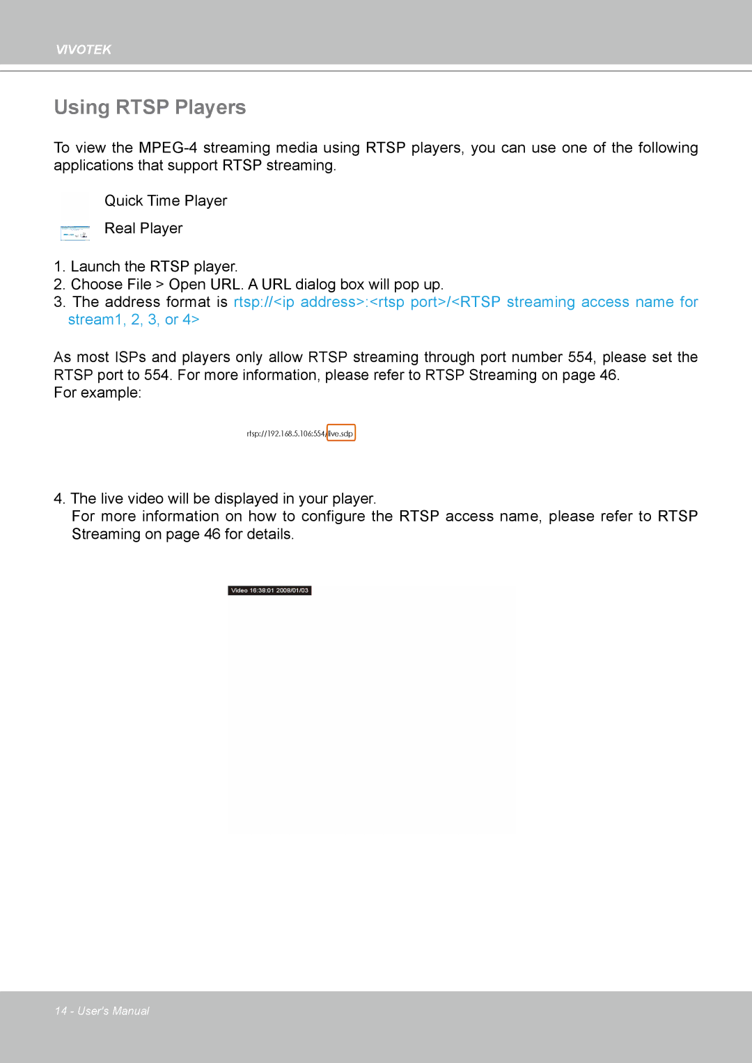 Vivotek PZ8111 manual Using Rtsp Players 