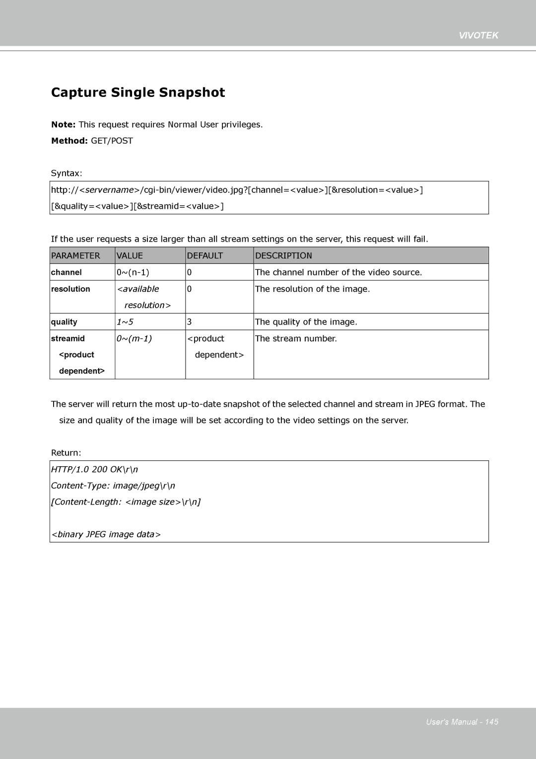 Vivotek PZ8111 manual Capture Single Snapshot, Parameter Value Default Description 