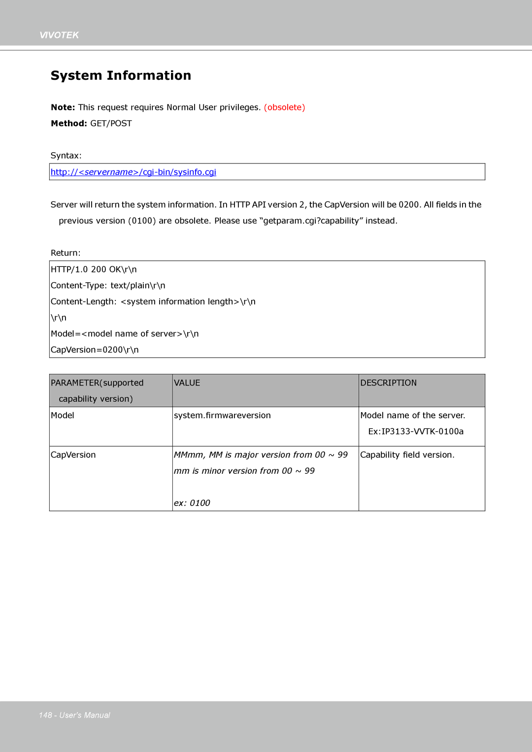 Vivotek PZ8111 manual System Information, Value Description 