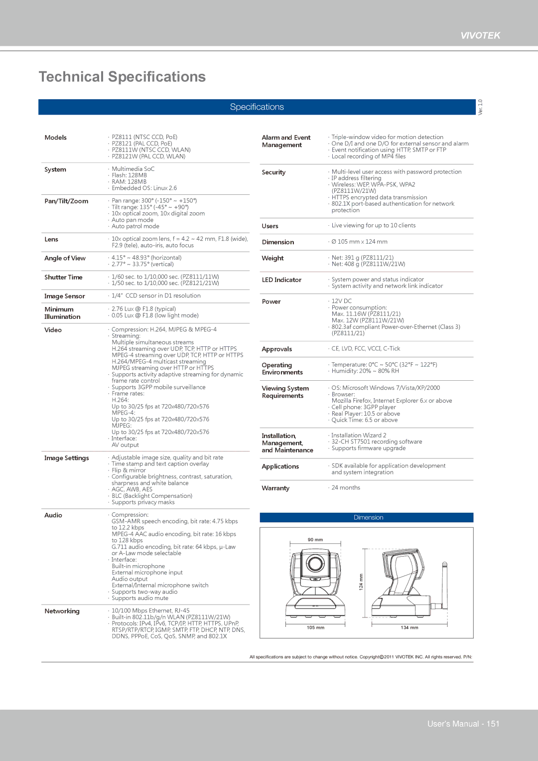 Vivotek PZ8111 manual Technical Specifications, Speciﬁcations 